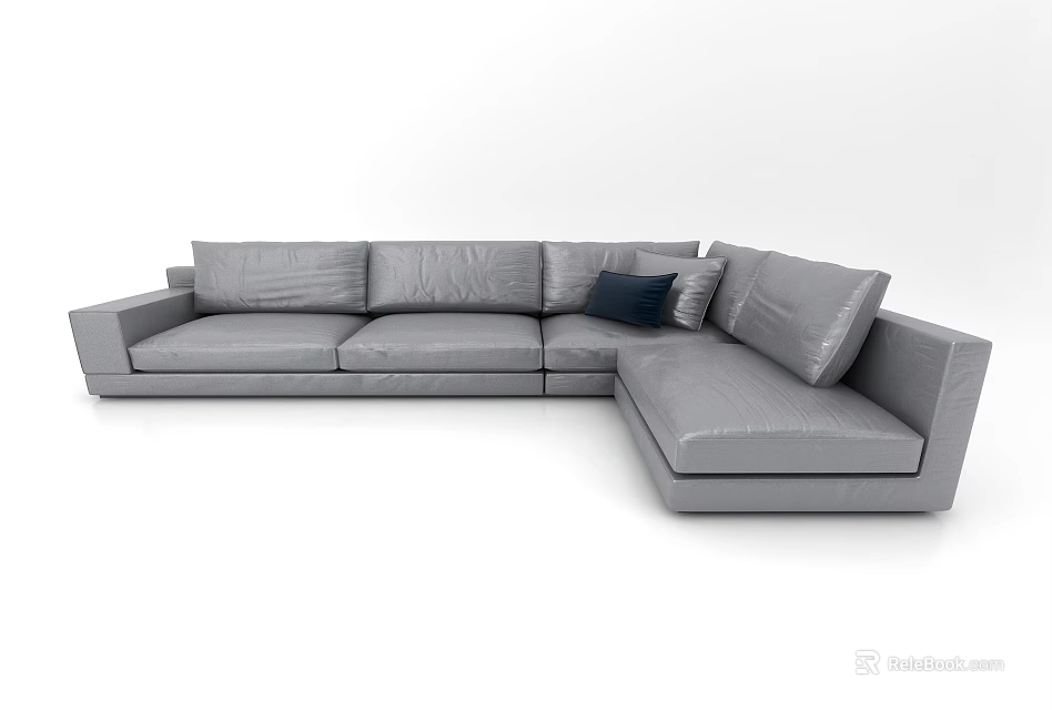 Gray Leather Sectional Sofa With Modern Design Multiple Cushions And Dark Throw Pillow 3d model