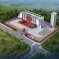Fire Station Building Design With Training Ground National Flag And Fire Vehicles