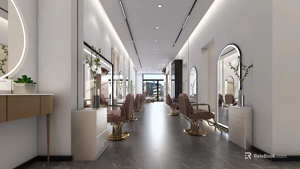 Elegant Modern Hair Salon Interior With Stylish Chairs Mirrors And Decorative Plants 3d model 