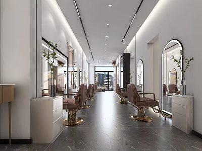Elegant Modern Hair Salon Interior With Stylish Chairs Mirrors And Decorative Plants 3d model