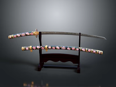 Traditional Ornate Japanese Sword With Colorful Floral Scabbard On Wooden Stand 3d model