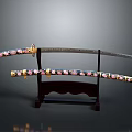 Traditional Ornate Japanese Sword With Colorful Floral Scabbard On Wooden Stand