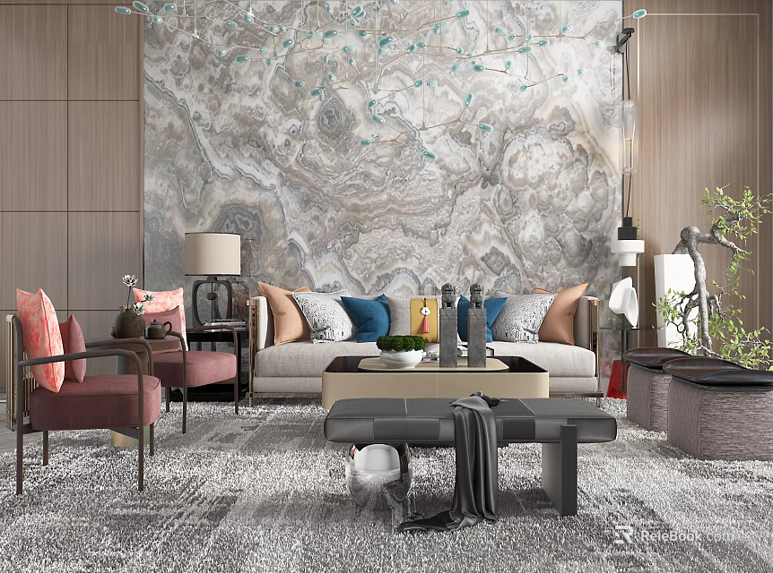 Elegant Modern Sofa Coffee Table Set With Colorful Throw Pillows And Decorative Plants 3d model