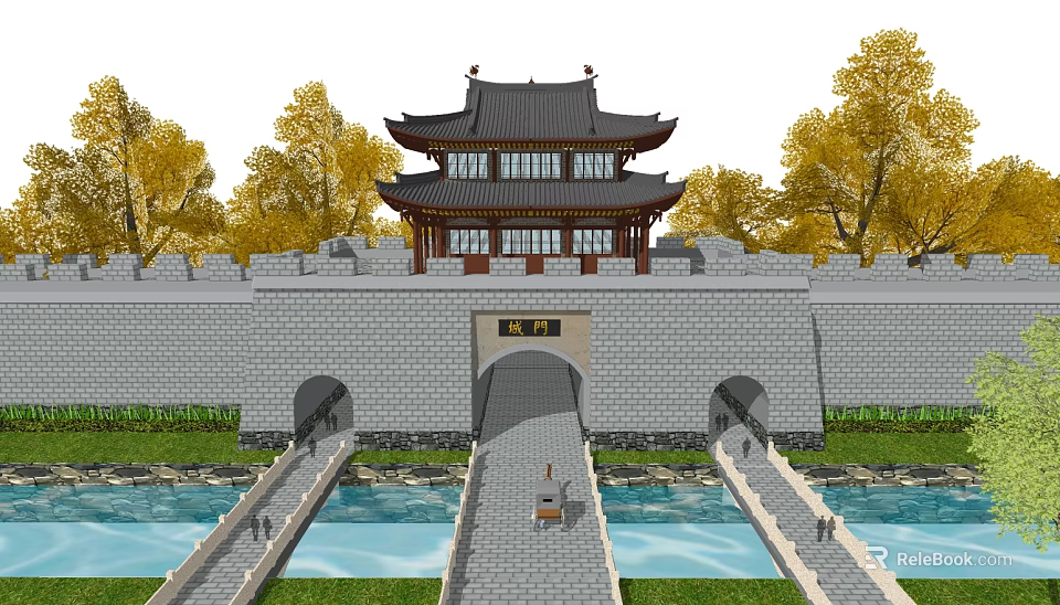 Ancient Chinese Architecture With Multi Story Traditional Roof Stone City Wall Moat And Autumn Trees 3d model 