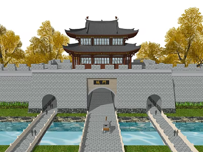 Ancient Chinese Architecture With Multi Story Traditional Roof Stone City Wall Moat And Autumn Trees 3d model