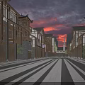 Chinese Style Commercial Street At Evening With Neon Signs Traditional Windows And Water Reflections