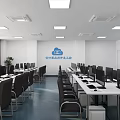 Modern Public Office Space With Workstations Computers Ceiling Lights And Windows 3d model