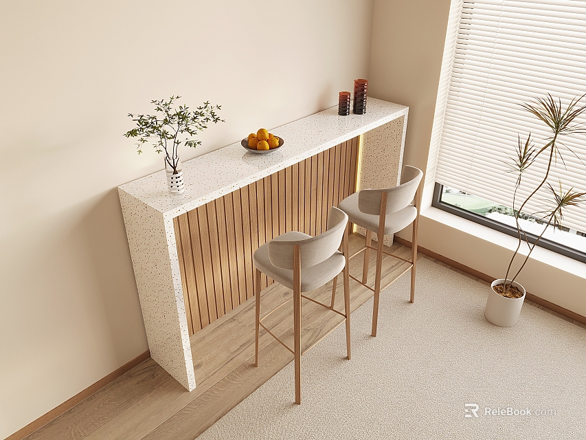 Sleek Modern Bar Counter With Marble Top Wooden Panels And High Chairs By Window 3d model 