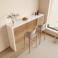 Sleek Modern Bar Counter With Marble Top Wooden Panels And High Chairs By Window