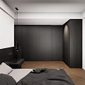 Minimalist Modern Bedroom Interior With Abstract Painting Gray Blanket Pillows Pendant Lights And Wooden Floor