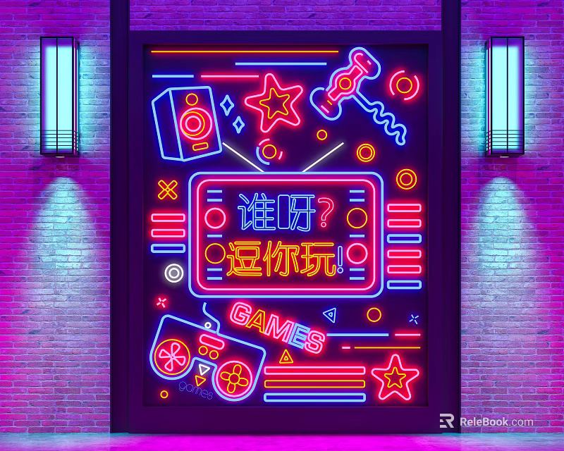 Neon Decorative Lights With Blue Vertical Lamps Game Elements And Stars On Brick Wall 3d model 
