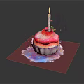 Delicious Cupcake With Lit Candle Strawberry And Green Decorations On Colorful Frosting Base