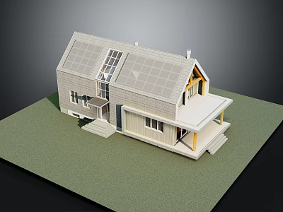 Modern Residential House With Solar Panels On Roof Light Exterior Windows And Front Porch 3d model