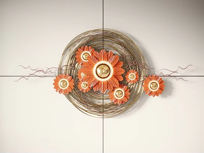 Wall Decor With Circular Woven Rattan Frame Orange Flowers Golden Centers And Thin Vine Accents 3d model