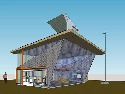 Modern Geometric Detached Villa With Glass Facade Solar Panel And Grass Landscape 3d model