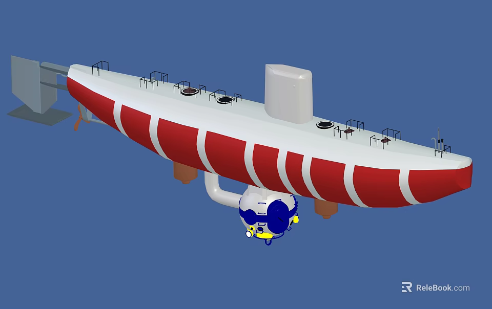 Red and white striped submarine model with small diver and detailed deck structure 3d model 