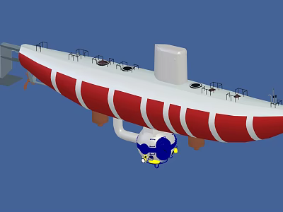 Red and white striped submarine model with small diver and detailed deck structure 3d model