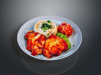 Grilled Chicken Breast With Rice Diced Tomatoes Avocado And Green Garnish On White Plate 3d model