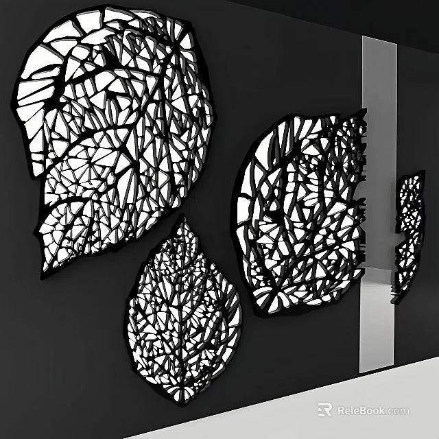 Black Laser Cut Leaf Shaped Wall Decorations With Mirror Accents 3d model 