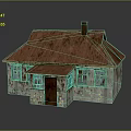 Weathered Small House With Rusty Red Roof Chimney Wooden Windows And Purple Door