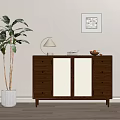 Wooden Entryway Cabinet Sideboard With Woven Doors Table Lamp And Green Plant