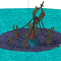 Cartoon Underwater Scene With Glowing Red Altar Chains And Rock Base