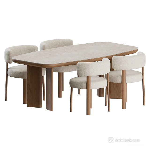 Modern Minimalist Dining Table Set With Light Wood Top Dark Wood Legs And Fabric Chairs 3d model 