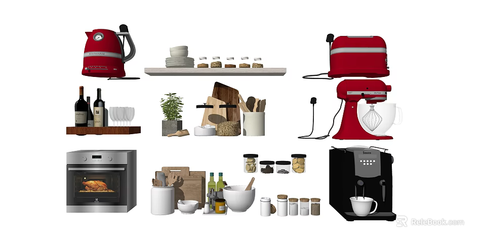 Red Kitchen Appliances Including Kettle Toaster Mixer Oven And Coffee Machine 3d model 