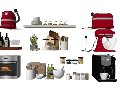 Red Kitchen Appliances Including Kettle Toaster Mixer Oven And Coffee Machine 3d model