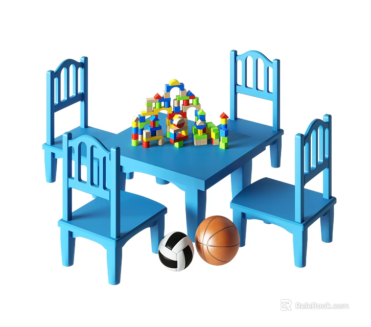 Blue Kids Table with Four Chairs Colorful Building Blocks and Balls 3d model 