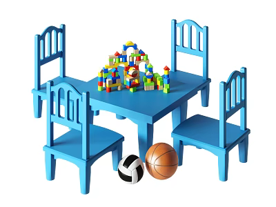 Blue Kids Table with Four Chairs Colorful Building Blocks and Balls 3d model
