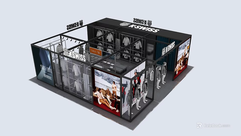 Modern Clothing Store Interior With Glass Front Mannequins And Clothing Displays 3d model 
