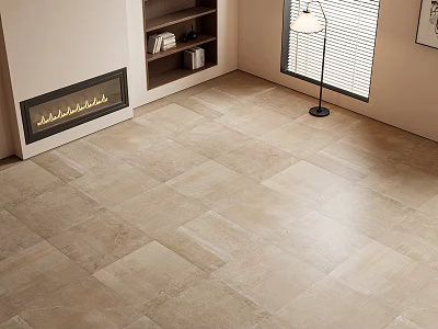 Neutral Floor Tiles In Modern Living Room With Fireplace 3d model