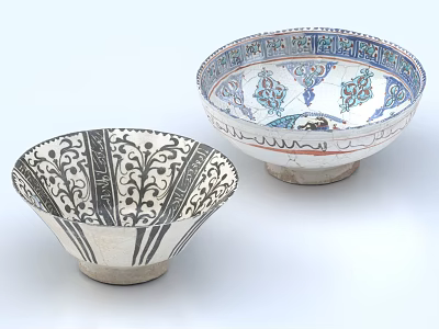Decorative Ceramic Bowls With Black White Floral Patterns And Blue Intricate Designs 3d model
