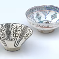Decorative Ceramic Bowls With Black White Floral Patterns And Blue Intricate Designs