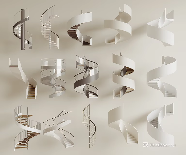 Modern Spiral Staircase Designs With Various Styles Metal Railings And Wooden Steps 3d model 