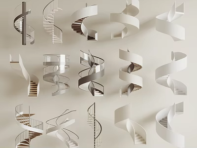 Modern Spiral Staircase Designs With Various Styles Metal Railings And Wooden Steps 3d model