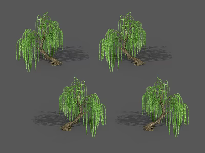 Four Natural Weeping Willow Trees With Green Drooping Branches And Brown Trunks 3d model