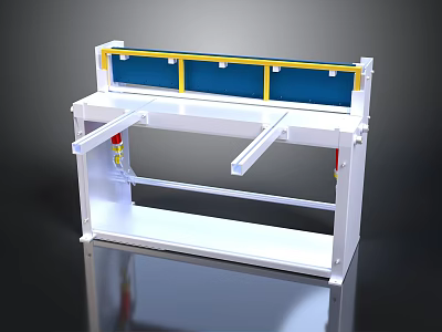 Sturdy Industrial Workbench With White Frame Blue Countertop Yellow Guardrail And Red Side Parts 3d model