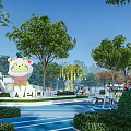 Lion Theme Park Landscape With Large Lion Sculpture Pink Flowering Trees And Playground