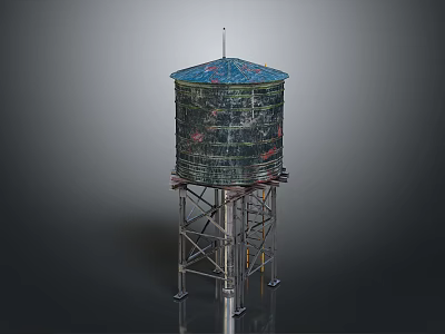Water Tower With Blue Top And Mesh Structure On Metal Support 3d model