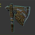 Ornate Decorative Axe With Wing Pattern Golden Details And Wooden Handle