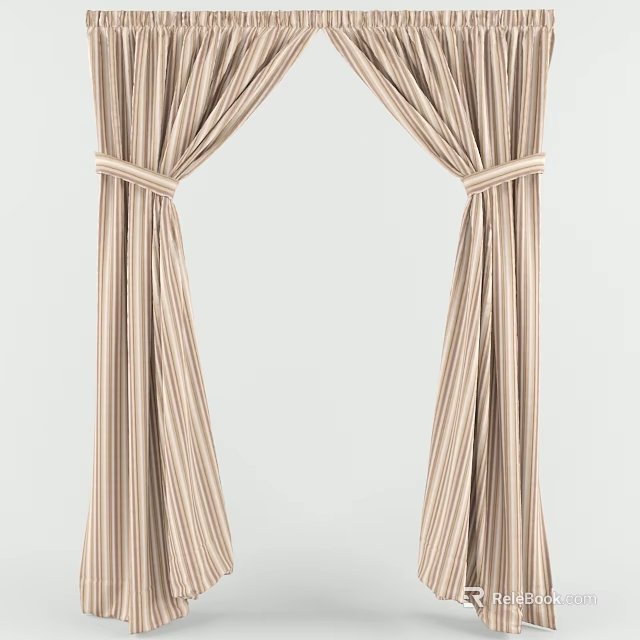 Elegant Beige Striped Curtains with Side Tiebacks for Home Interior Decor 3d model 