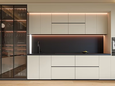 Modern Wine Cabinet Design With Glass Doors LED Lighting And White Kitchen Cabinets 3d model