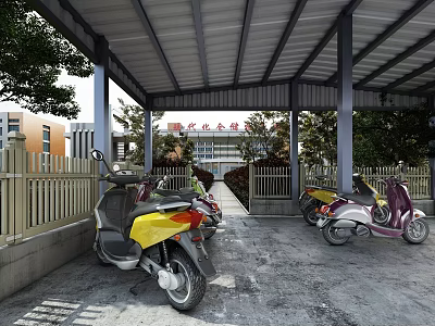 Outdoor Motorcycle Parking Canopy With Metal Frame And Parked Scooters Near School Building And Trees 3d model