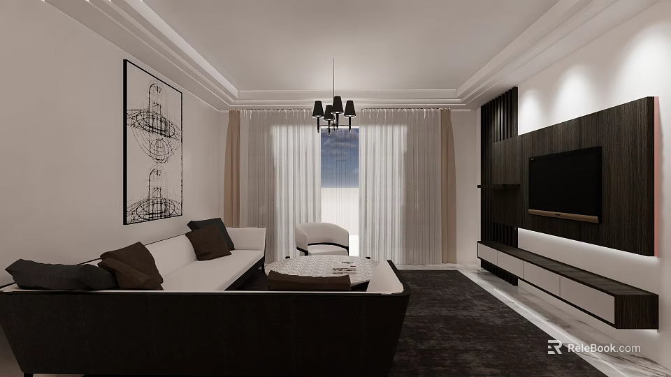 Modern Apartment Living Room With White Sofa Chandelier Floor to Ceiling Windows And Wall Art 3d model 