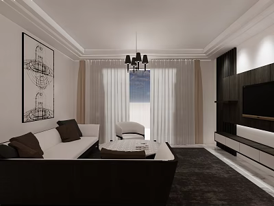 Modern Apartment Living Room With White Sofa Chandelier Floor to Ceiling Windows And Wall Art 3d model