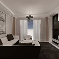 Modern Apartment Living Room With White Sofa Chandelier Floor to Ceiling Windows And Wall Art