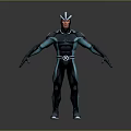 Futuristic Superhero Character In Black Teal Bodysuit With Helmet And Standing Pose