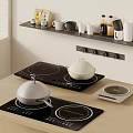 Modern Kitchen Setup With Induction Cooktops Cookware And Shelves Holding Mugs Spice Bottles
